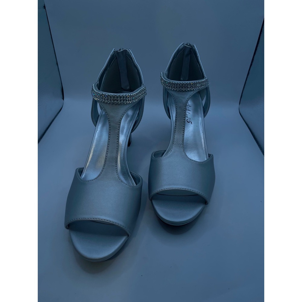 Easy Street Alive 5 Flash Silver Satin Rhinestone T-Strap Dress Heels Womens
